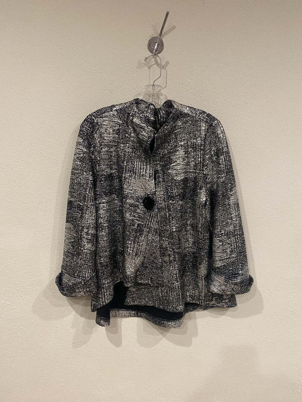 IC By Connie K Jacket Womens Large Black Silver Geometric Knit Button Front USA